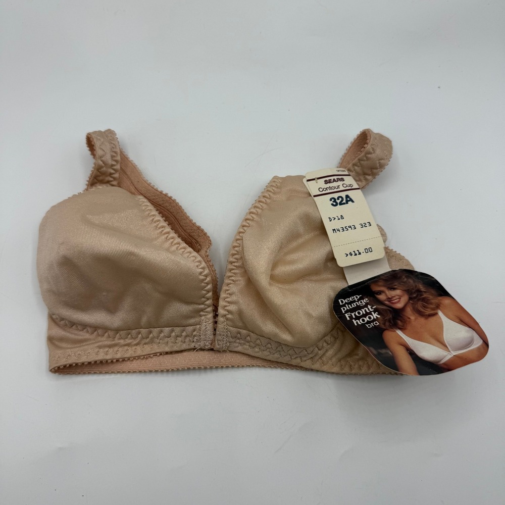 Vintage Sears Deep Plunge Front-Hook Bra 32A Nude Contour Cup Made in USA 43593